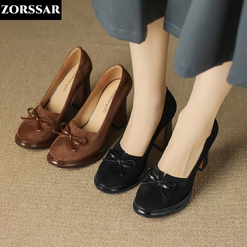 

Women Oxford Shoes Square Toe Boat Shoes for Woman Suede Pumps Bow Tie Slip on High Heels Office Ladies Shoes Grain Chunky Heels