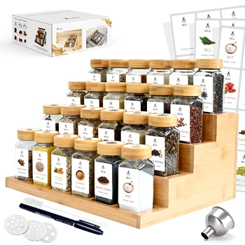 Set di bottiglie di spezie da 24x120 ml con vassoio in bambù 2 in 1 (Fcm ® ), 120 etichette, per l'organizzazione della cucina, salvaspazio 1