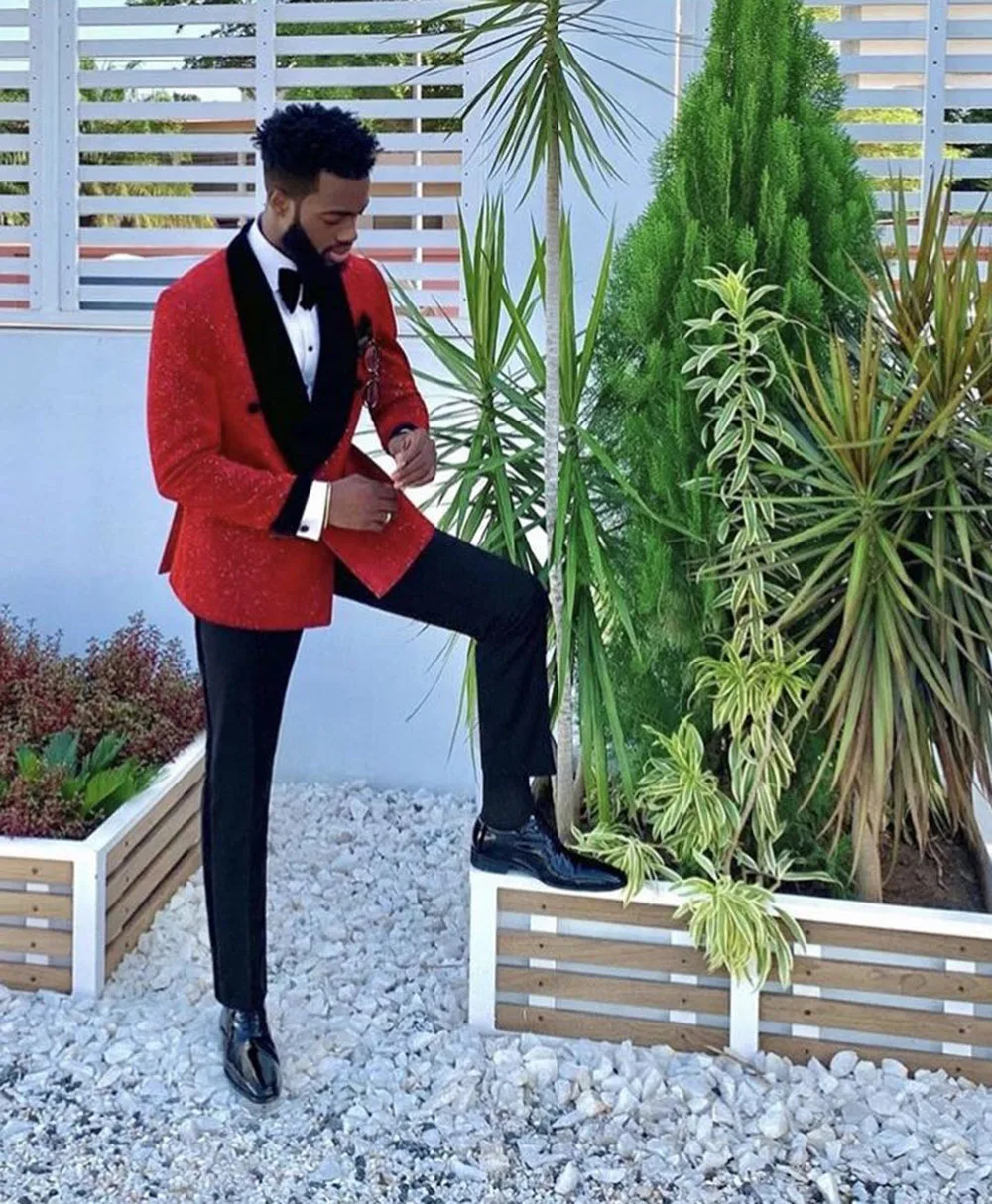 Luxury Sparkling Red Men Suits Wedding Grooms Tuxedos 2Pcs Formal Blazer Trousers Double Breasted Prom Wear Jacket+Pants Outfit