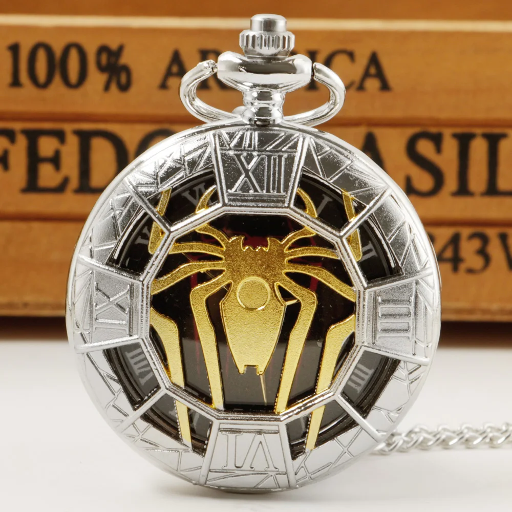 Fashion Personality Hollow Gold Spider Design Quartz Pocket Watch Necklace for Women and Men Gift Vintage Souvenir