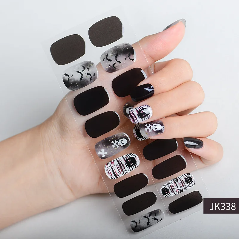 2024 Halloween Semi-cured UV Gel Nail Stickers Pumpkin Skull Full Cover Gel For UV Lamp Gel Nail Strips Press On Nail Decal 4