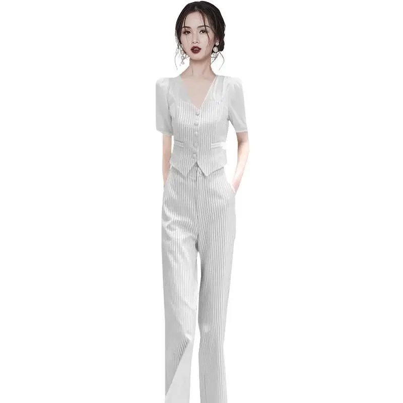 Stripe Patchwork Short Sleeve Chiffon Shirt Blazer Casual Wide Leg Trousers Two-piece Elegant Women's Pants Suit Office Outfits