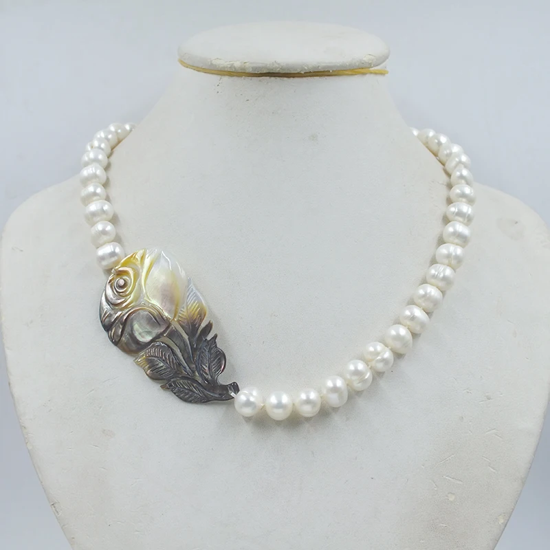 

9-10MM natural white freshwater pearl/DIY hand-carved shell flowers. Glamour female classic party necklace jewelry 18”