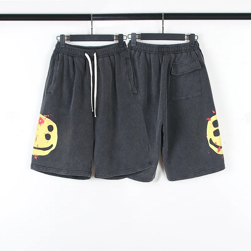 Yao Fashion Streetwear Hip Hop Vintage Outdoor Kanye West Short Pants Hip Hop Smiley Face Print Casual Shorts for Men