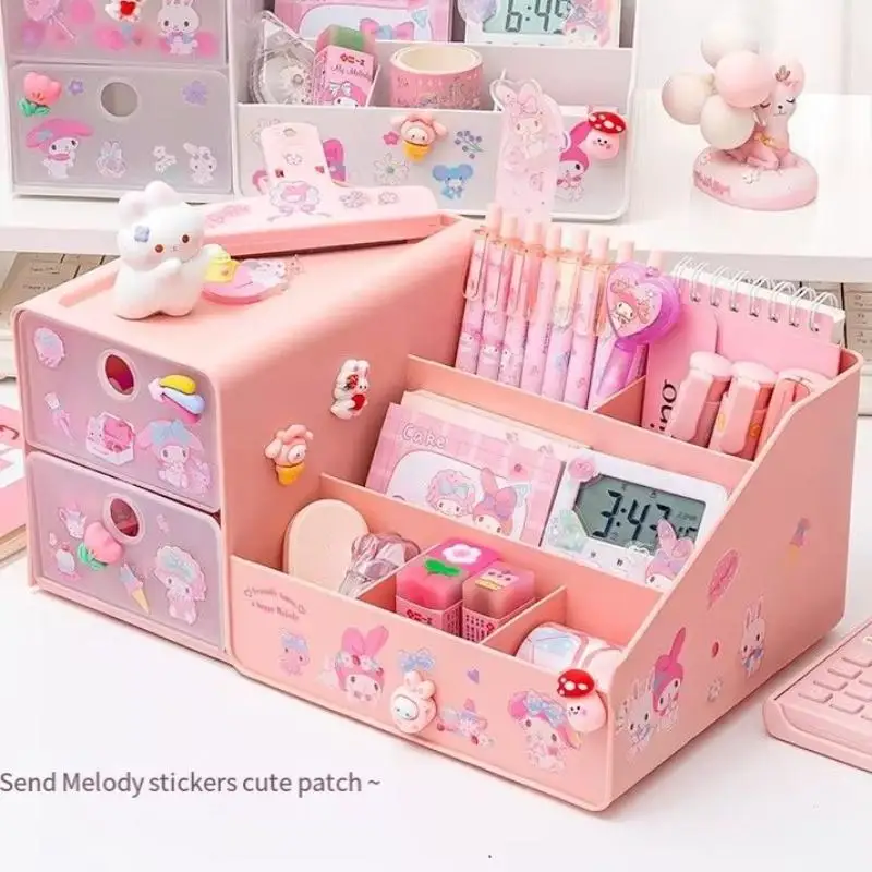 Sanrio Melody Storage Box Pen Holder High Precision Desktop Kuromi Cartoon Student Large Capacity Drawer Stationery Organizer