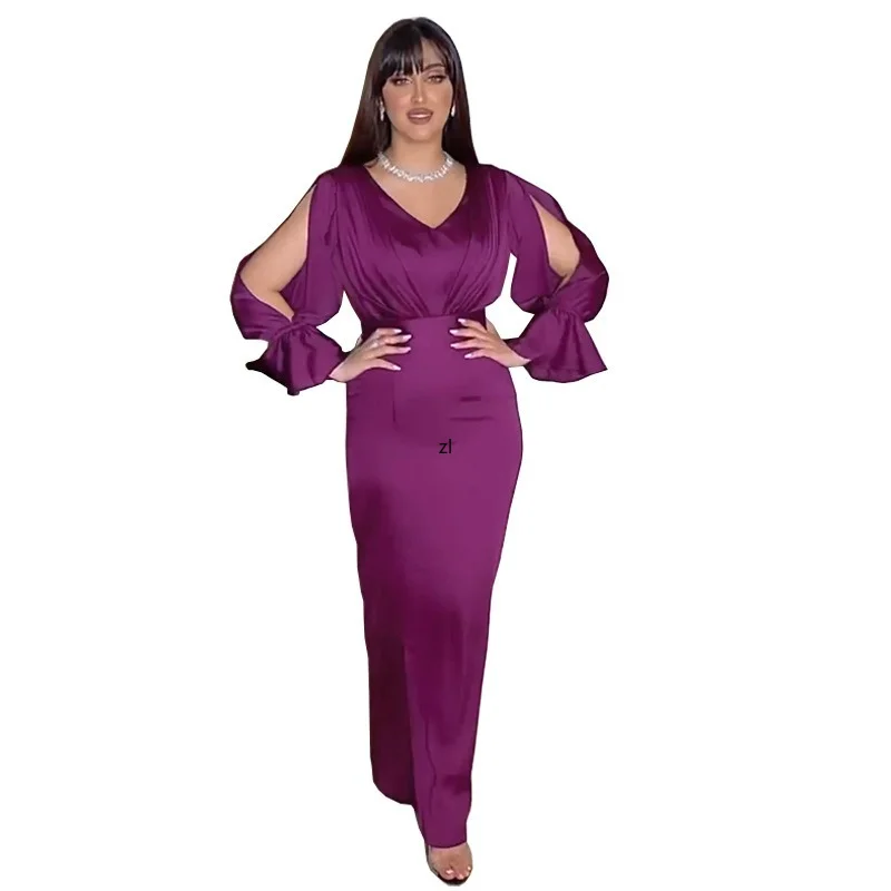 

Falbala V-Neck Boho Solid Color Maxi Dress Slim 2022 Autumn Sexy Cut Out Ruffles Dresses Women Party Office Maxi Vestidos