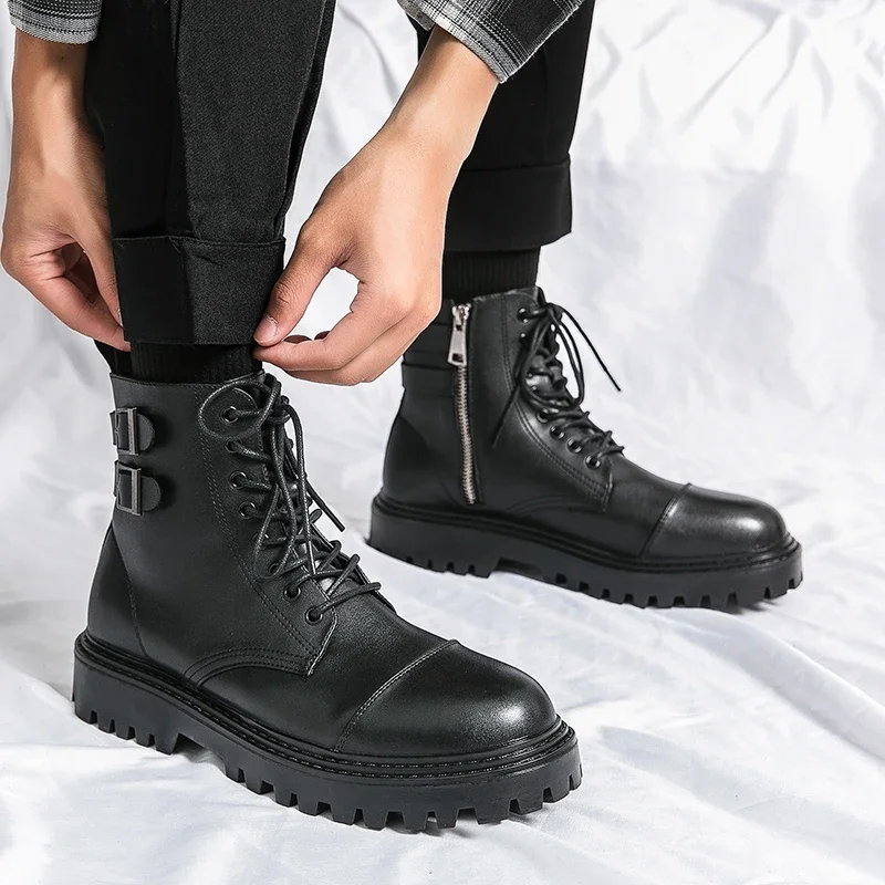 Mens Leather Boots Motorcycle Leather Boots Winter Boots Fashion Brown Leather Men's High Boots Motorcycle Men Outdoor Thick Bottom Round Head Waterproof Ankle