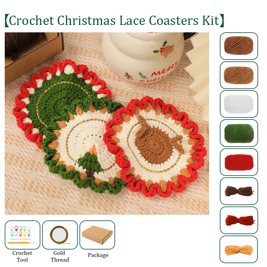 Sewing DIY Crochet Coaster Kit With Hand Knitting Yarn Needles Plush Doll Easy for Starter Includes Enough Yarn Hook Accessories