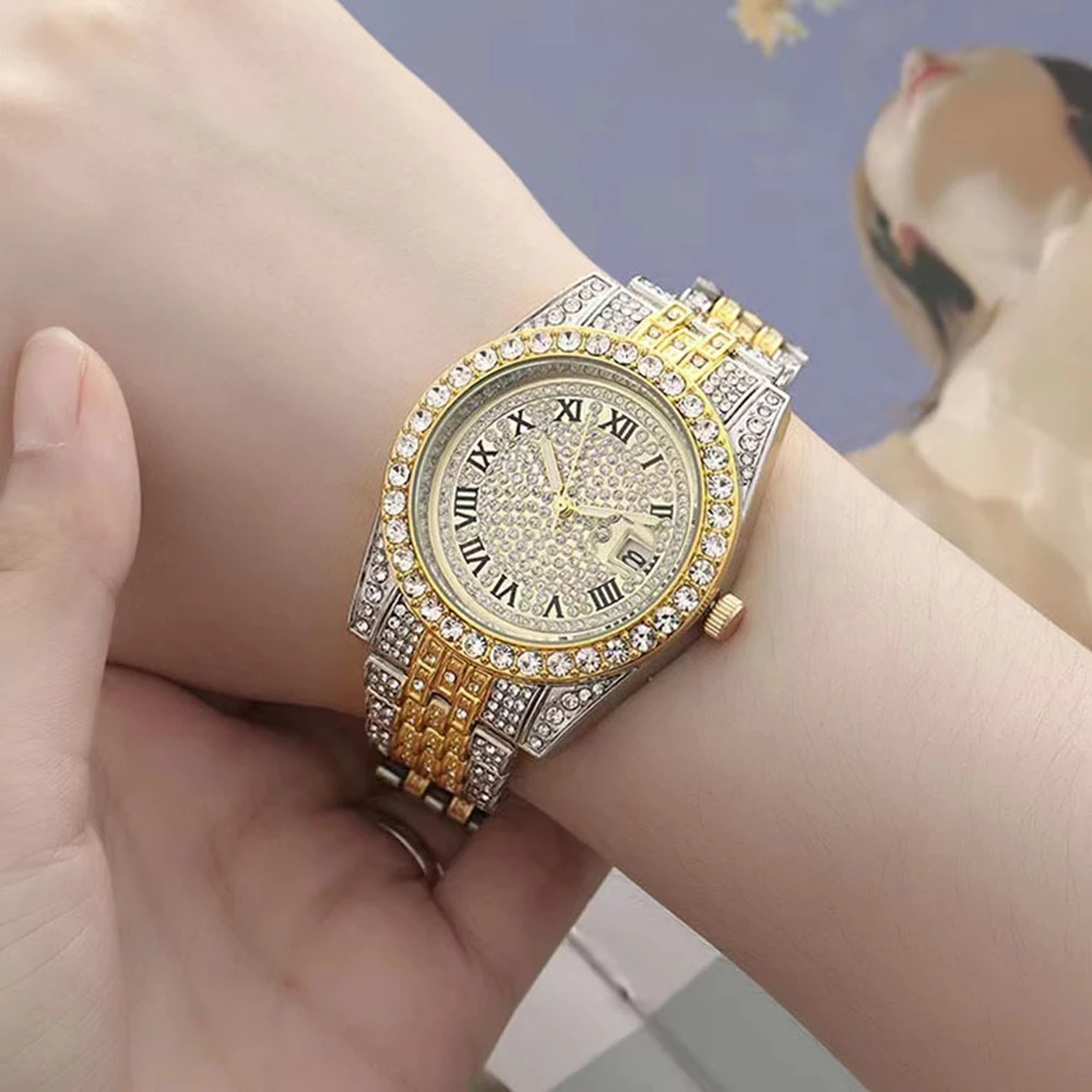 3Pcs Women Diamond Watches Set Ladies Luxury Bracelet Watches Female Clock with Punk Rhinestones Belt and Sunglasses Gift Box