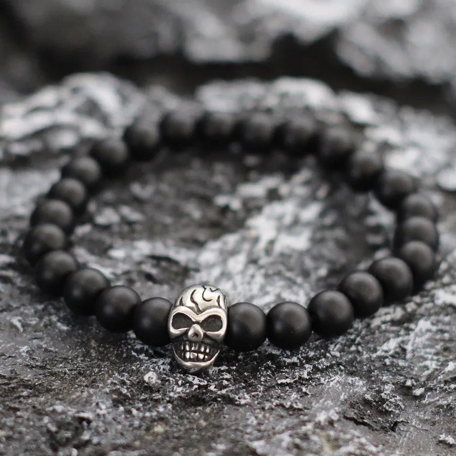 Men Lava Beaded Skull Bracelet Natural Stone Hiphop Jewelry