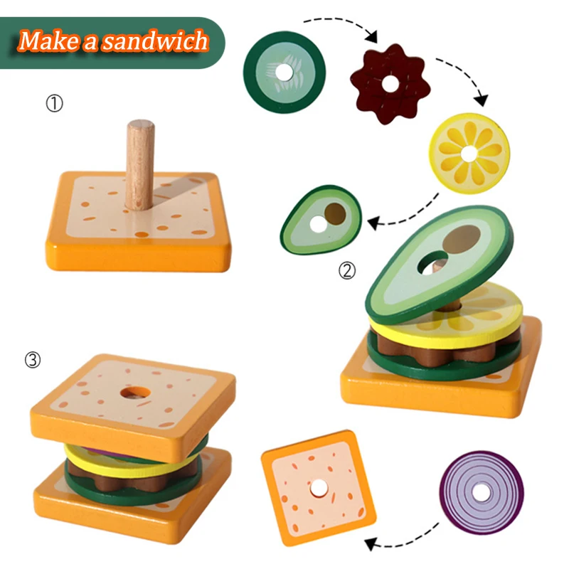 Montessori Giocattolo Impilabile Hamburger In Legno: Set Cibo Per Bambini 3-5 Anni, Giochi Di Ruolo Educativi