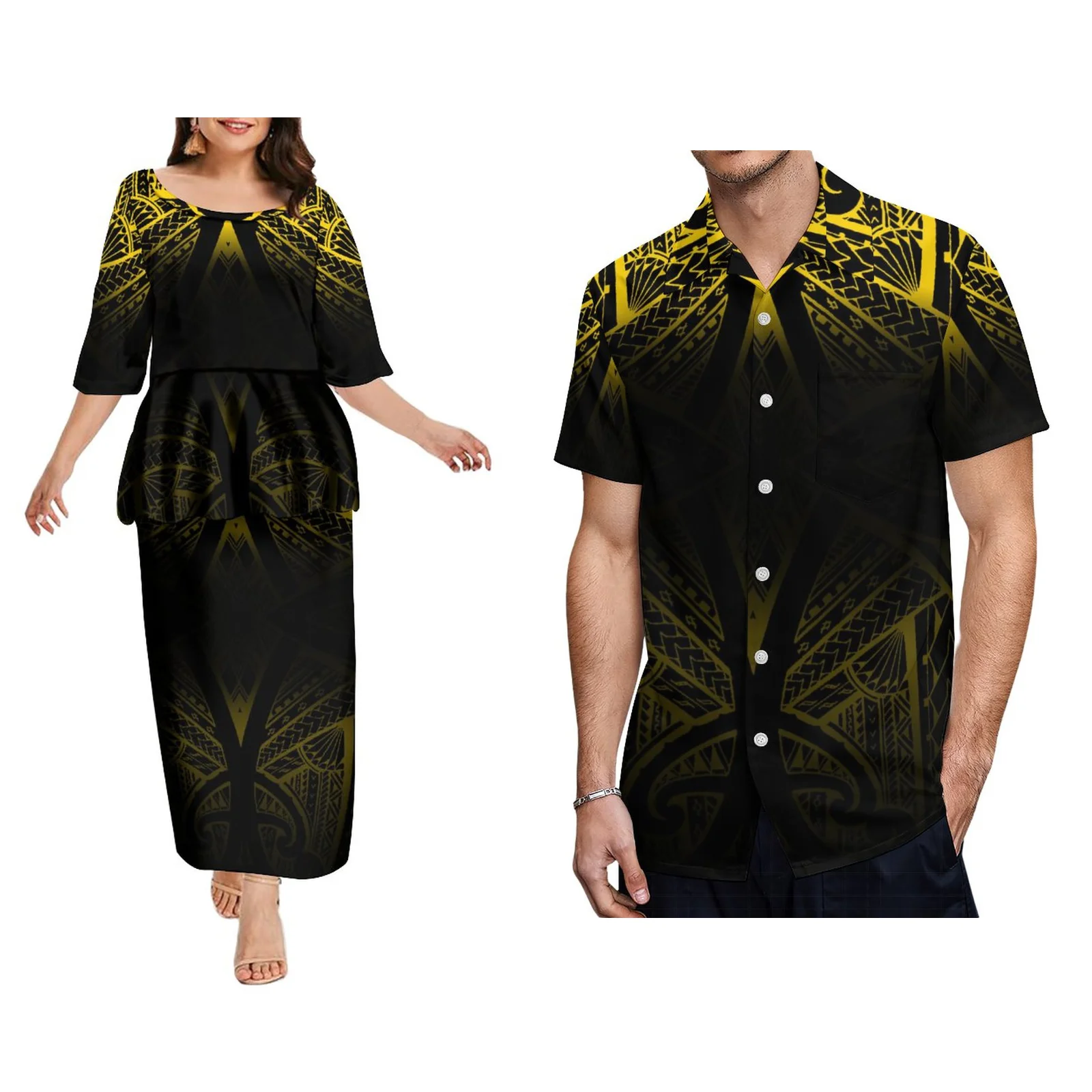

Polynesian Tribal Ethnic Style Women's Dress High-quality Men's Shirt Customized Couple Suit Elegant Pleated Dress
