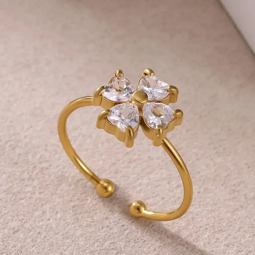 Zircon Four-Leaf Clover Rings Gold Plated Stainless Steel Adjustable Finger Ring