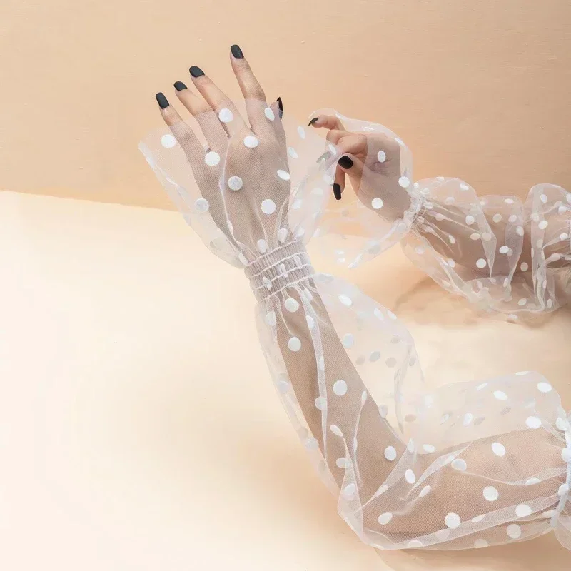 Summer Lace Sunscreen Ice Sleeve for Women Mesh Wave Point UV Thin Breathable Loose Long Sleeves Gloves