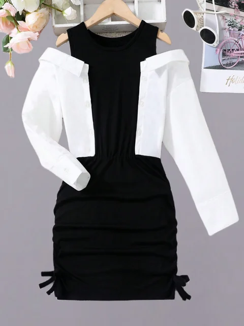 Robe chemise à épaules dénudées, style doux et cool, faux deux modèles sens, printemps automne, cordon de serrage, manches longues, jupe portefeuille aux hanches 1