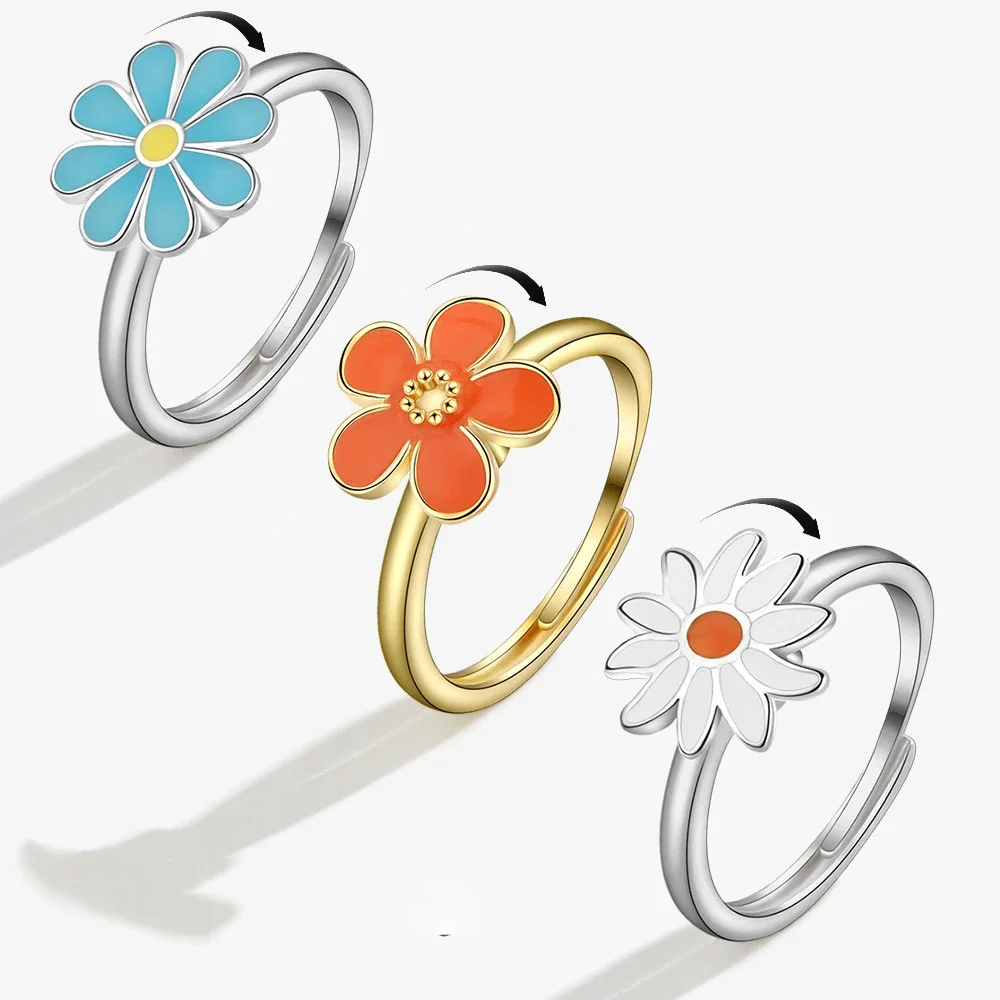 Anti Stress Anxiety Rotatable 925 Silver Zircon Flower Butterfly Opening Ring Women Spinner Fidget Gold Color Fashion Jewelry 3