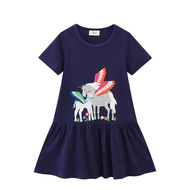 

2023 Summer Girls' Dress Knitted Cotton Cartoon Embroidered Princess Fashion Short Sleeve Children Shirt