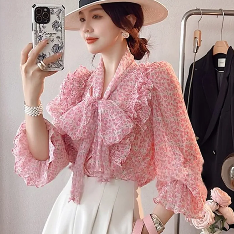 Tea Series Wear a Set of Salt Lightly Mature Pink Floral Shirt Shorts Two-Piece Suit for Women