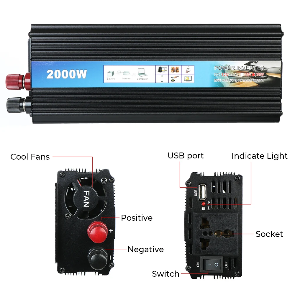Power Inverter Univesal 1000W 2000W Modified sine wave inverter DC 12v To AC 220V Car Voltage Converter with USB Charger Car converter, power inverter converter
