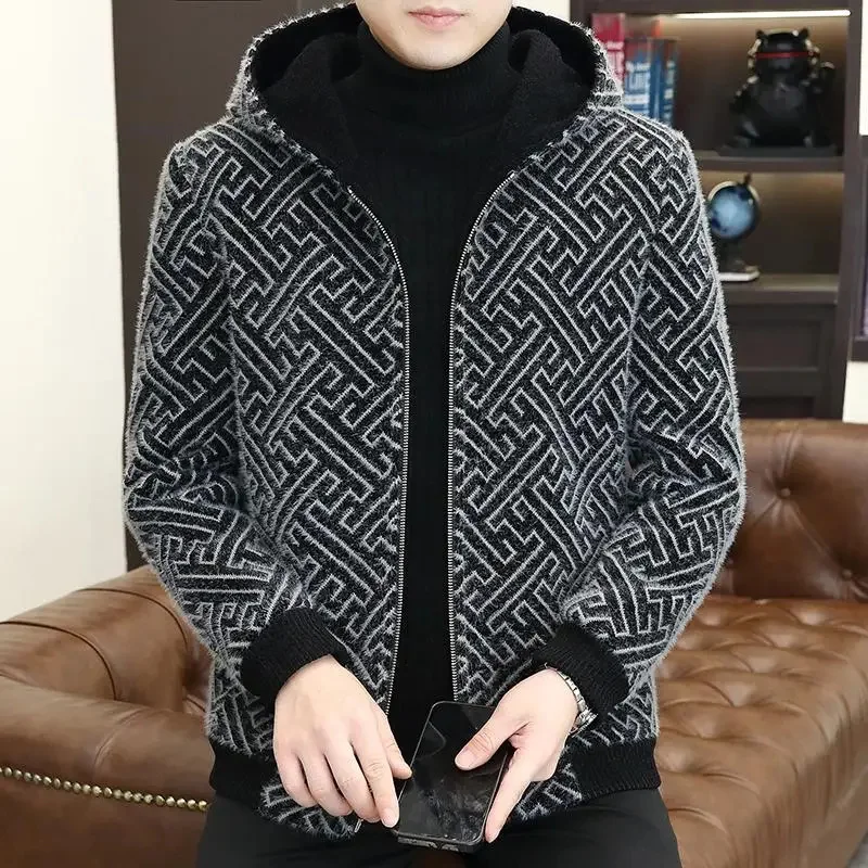 

2023 Fashion Printed Hooded Woolen Jacket for Men Plush and Thickened Warm Trench Coat Casual Business Wool Blends Overcoat