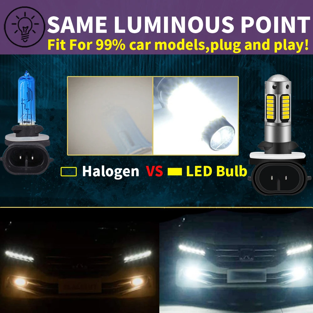 2개 H27W/2 881 H27 PGJ13 LED 12V 헤드라이트 캔버스 오류 없음 화이트 모토 안개등 자동차 터보 다이오드 전구 어댑터 불필요