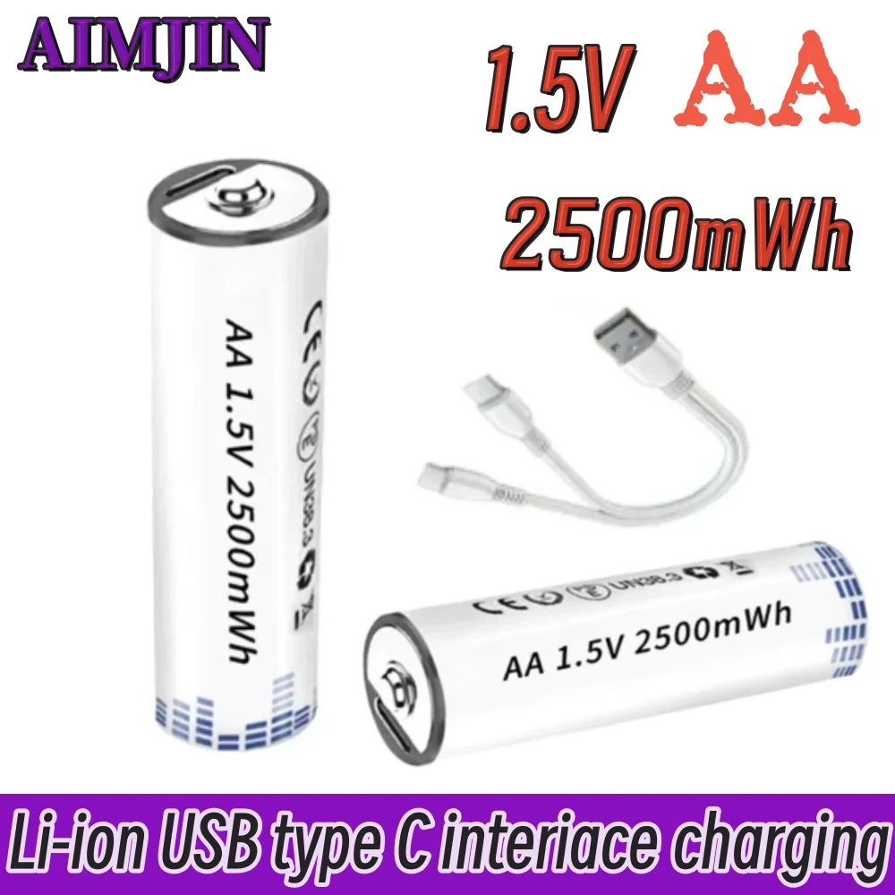 

1.5V 2500mWh AA rechargeable li-ion battery type-C USB charging, suitable for remote controls, flashlights, electric toys, etc