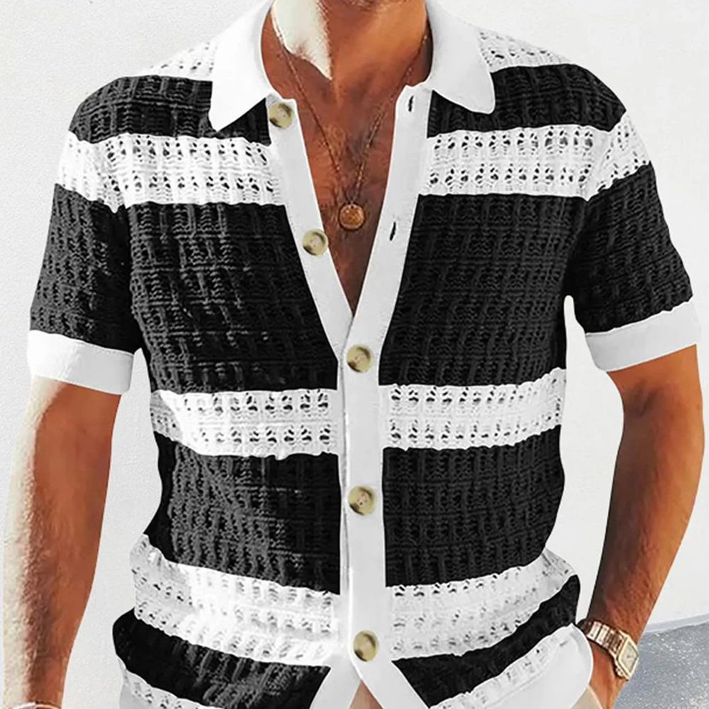 

Casual Elegant Contrast Color Knitted Short-sleeved Shirt Men's Summer Slim Single-breasted Color Matching Hollow Lapel Top