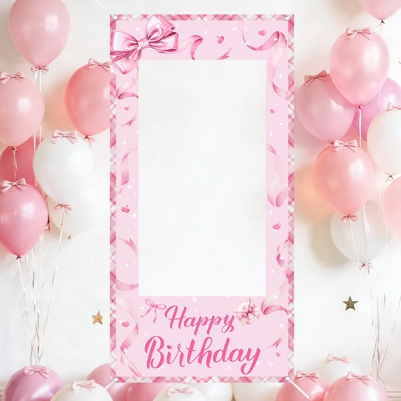 Rosa Schleifen-Fotobox-Rahmen Süßer Schleifen-Fotorahmen Hintergrund Happy Birthday Party Dekorationen Erste Geburtstagsfeier Zubehör