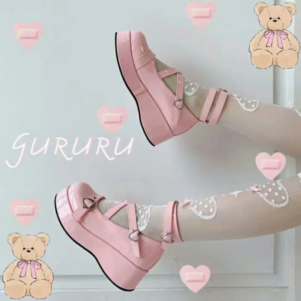 2022 New Brand Women Platform Wedges Lolita Shoes Cosplay Lolita Japanese Women\'s Pumps Kawaii Angel Bat Pumps Student Shoes