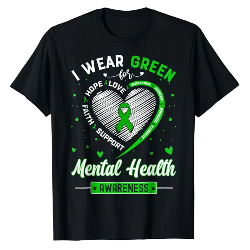 

Heart I Wear Green for Mental Health Awareness Month T-Shirt Green Ribbon and Butterfly Graphic Tee Short Sleeve Blouses Gifts