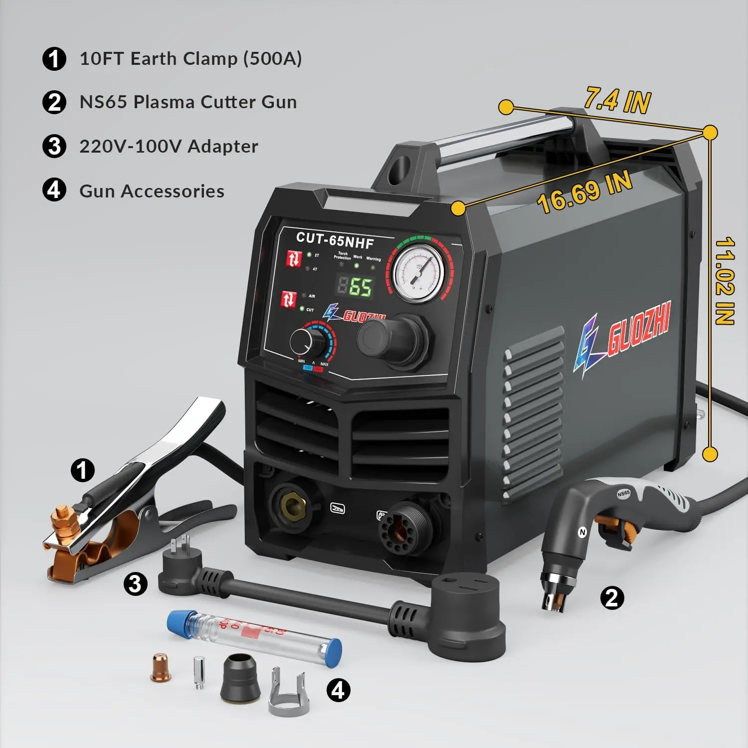 Plasma Cutter, 65 Amp Non-HF Non-Touch Pilot Arc, THC Torch Height Control Enabled 1" Clean Cut,