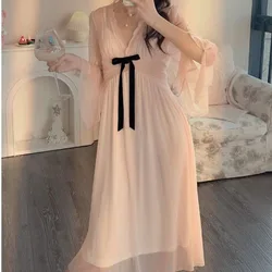 Spring Pajamas Ladies Lace Mesh Pyjamas Sweet Princess Wind Nightdress Bow Lacework Sleepwear Solid Color Mid-length Nightgown