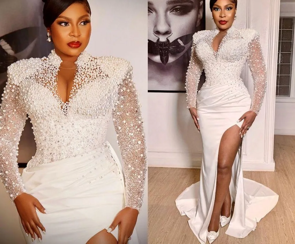 

Mermaid Wedding Dress Gorgeous African High Neck Lace Appliques Pearls Beads Side Split Illusion Long Sleeves Vestidos De Novia