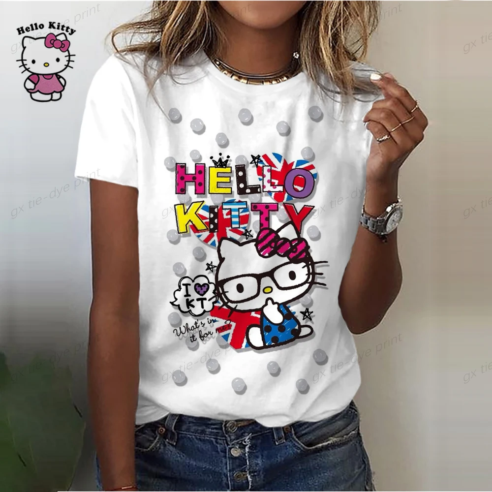 

Fashion Women Blouse 2023 Sexy Tops For Woman Hello Kitty Print Short Sleeve Tees Female T-shirts Plus Sized Girls' T-shirt