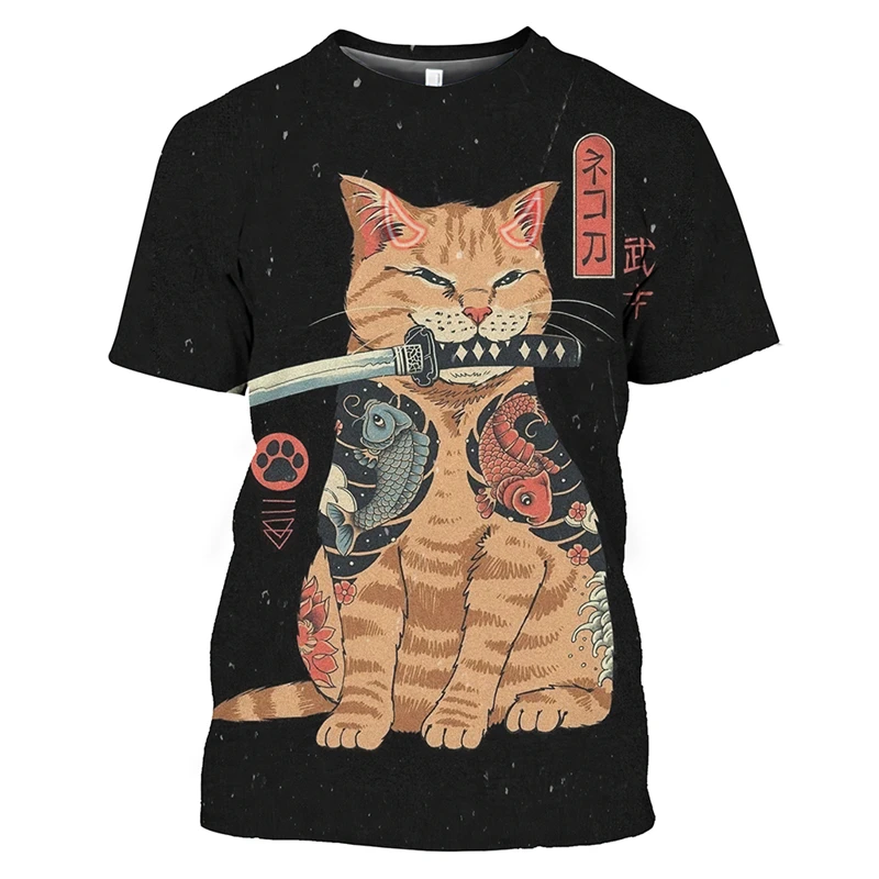 

Japan Samurai Cat Graphic T Shirts Cool Classic Art Style Men Women's T-Shirt Printed Tee Fashion O-neck Short Sleeve Loose Tops