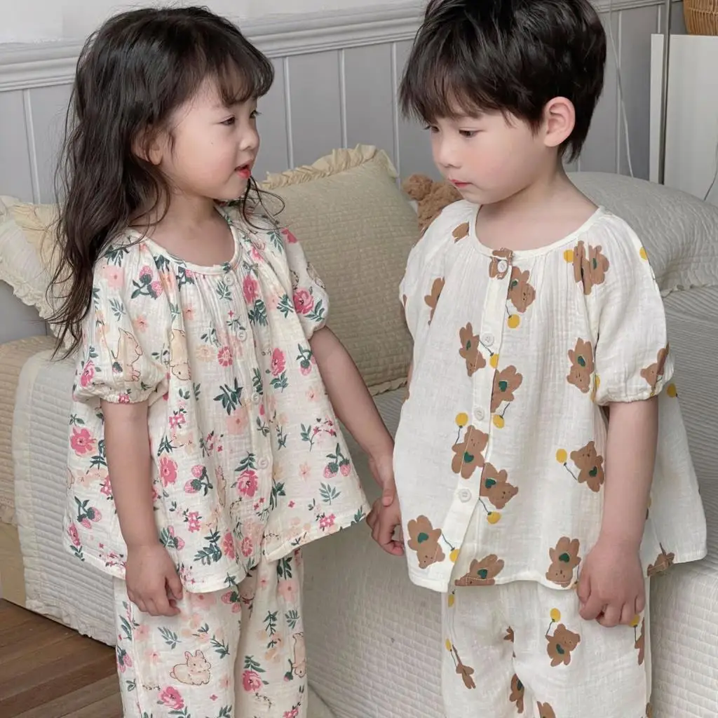 

Children Clothing Set Home Suit 2023 Summer New Korean Cartoon Cute Gauze Boy's Pajamas Suit Top +Pant Girl's 2Pcs Set