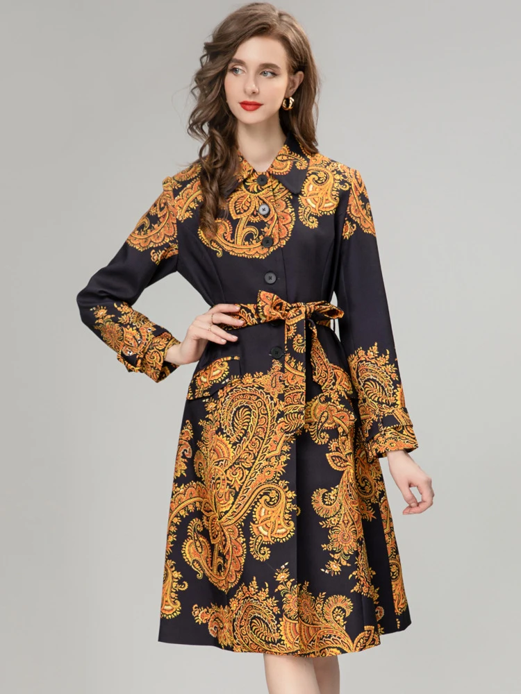 Women's Runway Trench Coats Turn Down Collar Long  Sleeves Vintage Printed Fashion High Street Designer Outerwear with Belt