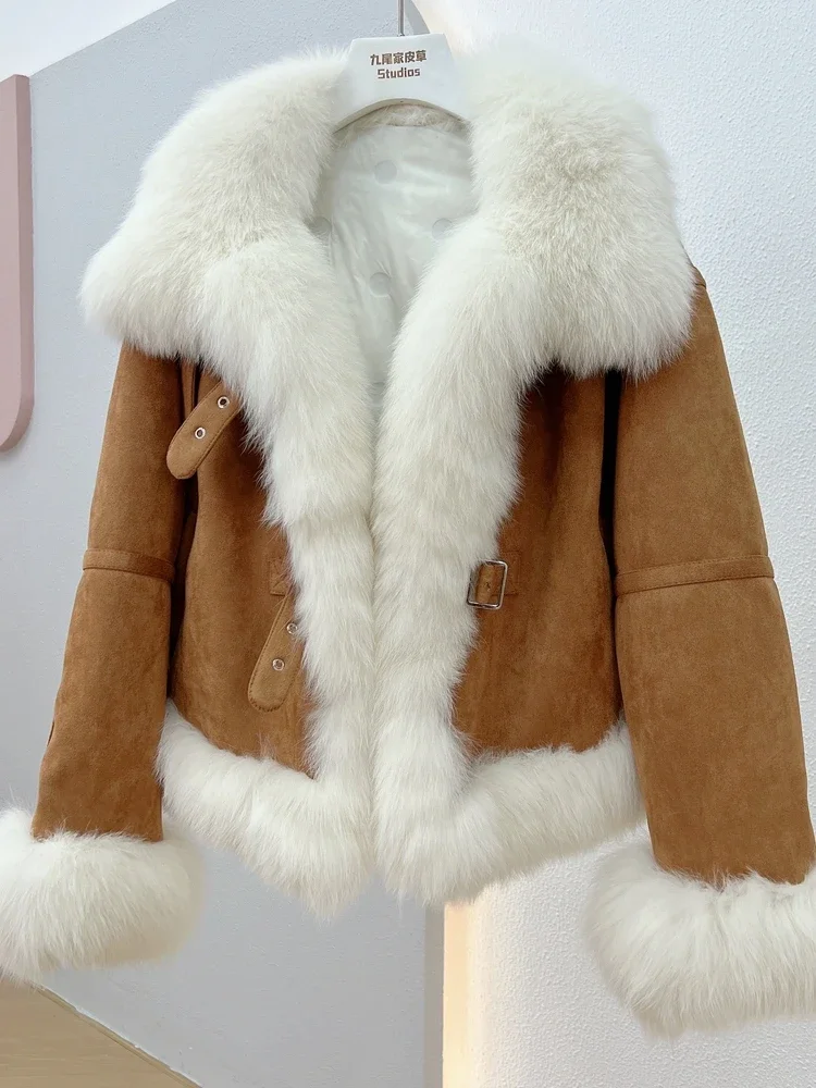Short Lapel Down Jacket Real Fox Fur Thick Warm Coat Winter New Fashion Design Female Trendy Classic Elk Skin Outer Wear Fluffy