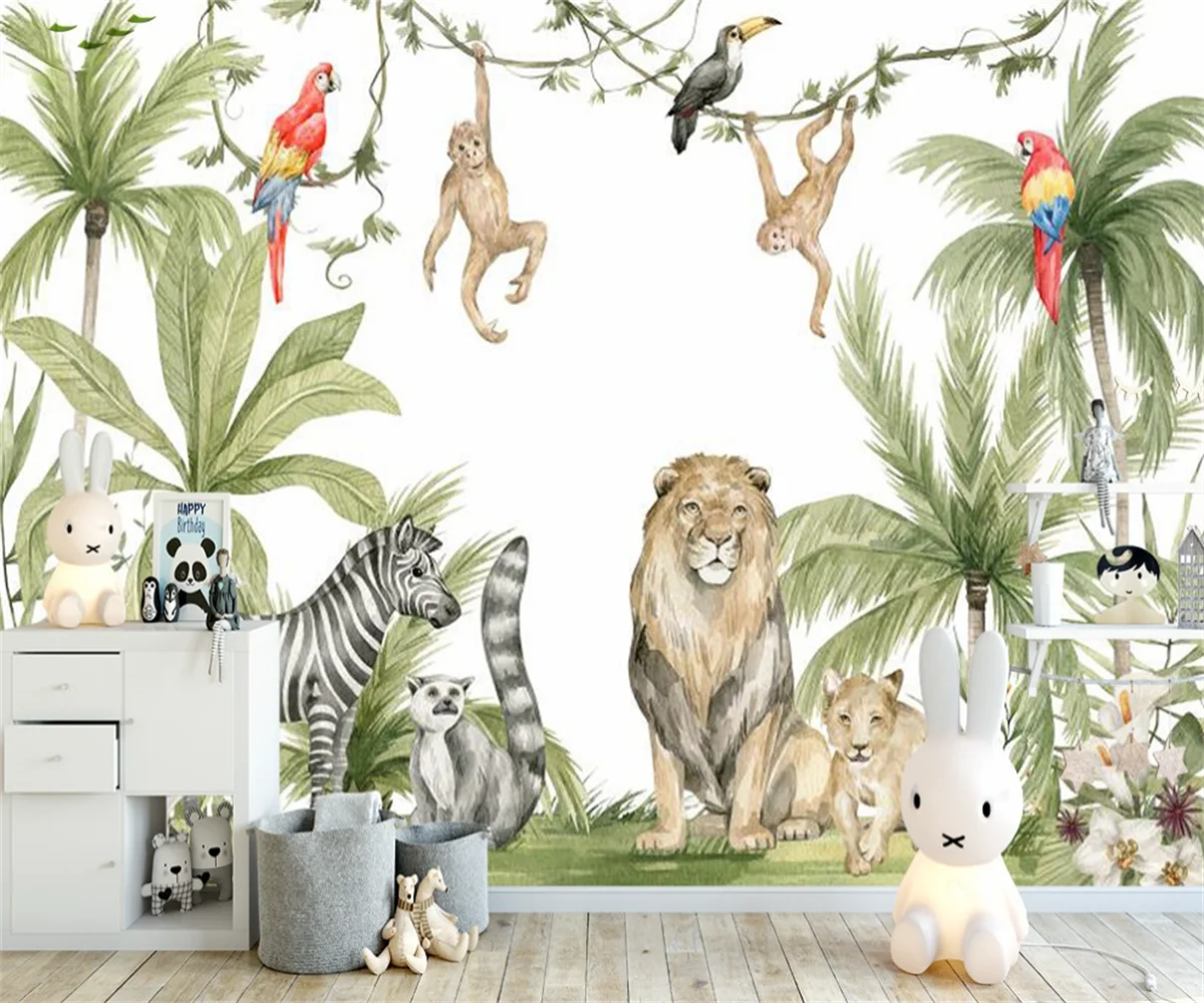 custom watercolor jungle nursery 3d wallpaper wall mural Children\'s room animal Wallpaper sticker art decorate