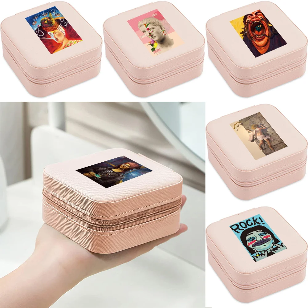 

Jewelry Box Double Storage 2023 Travel Ring Earrings Organization Funny Pattern Printed Zipper Bag Large Flap Leather Double Box