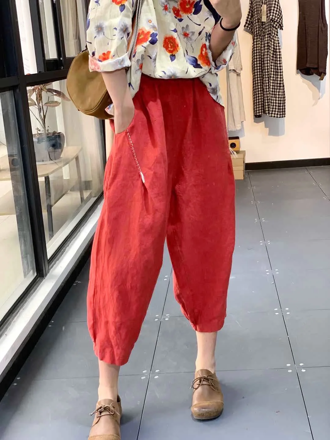 plaid pants Women Linen Pants Ladies Elastic Waist Flax Pants Female Solid Color Embroidered Linen Trousers Summer Calf Length Pants FT88 capri pants