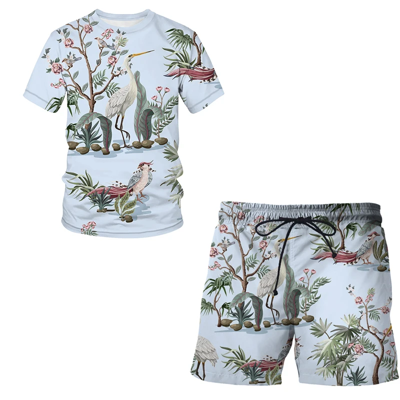 

Fall Men Tracksuit 3D T-shirt Flower, bird and plant illustration Fashion Sports Streetwear Oversized Male Pants Loose Shorts