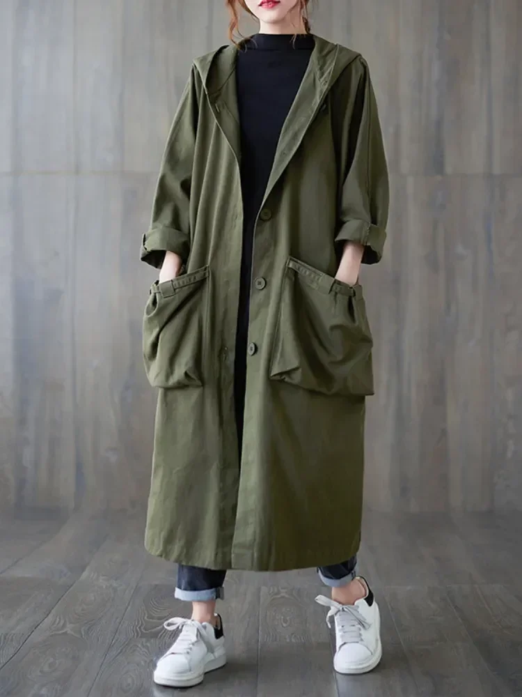 Women's Trench Coat Spring Autumn New Outerwear Hooded Pockets Loose Casual Women Clothing Vintage Windbreakers Jackets coats