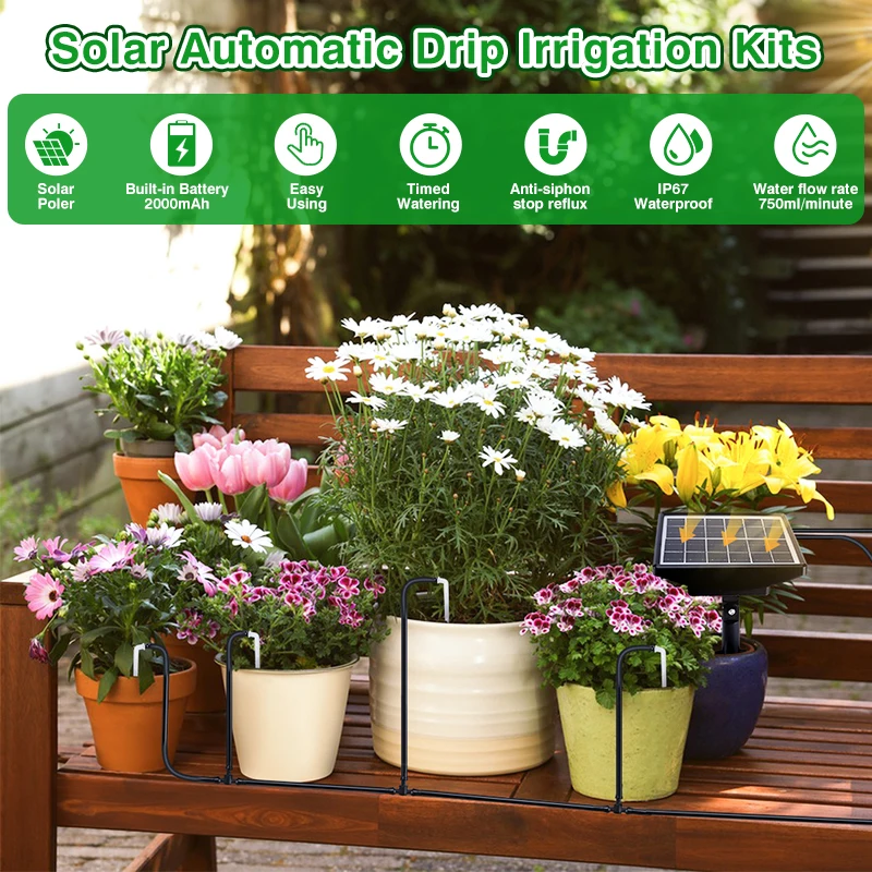 

D2 Solar Auto Watering System Automatic Drip Irrigation Kit Self Watering Device LCD Timer Plants in Patio Balcony Green House