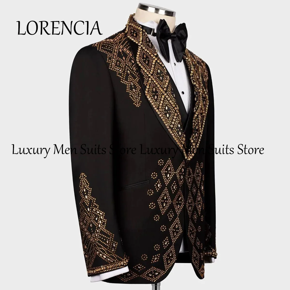 Formal Men Shawl Lapel Gold Rhinestone Embellished Suits Groom Wedding Tuxedos 3 Pieces Male Prom Blazers Costume Homme