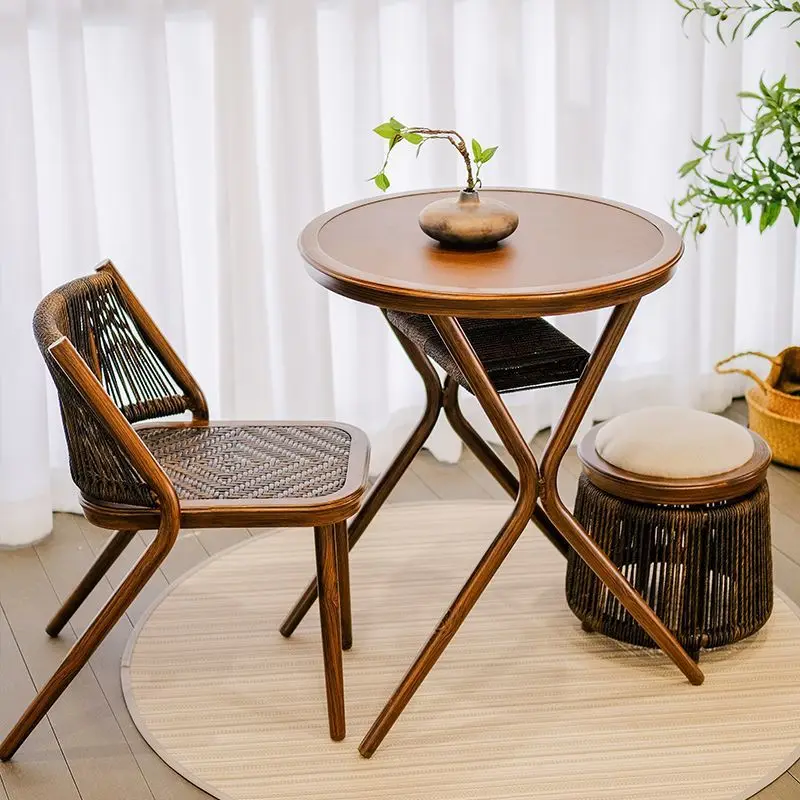 

Balcony Table And Chair Rattan Walnut Simple Retro Chinese Style Leisure Bar Combination Outdoor Storage Tea Table Rattan Stool
