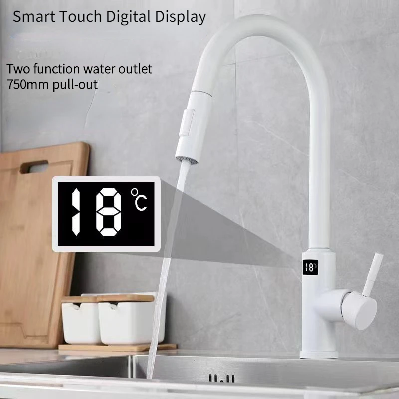 White Smart Touch Digital Display Faucet Stainless Steel Multi-function Pull-out Kitchen Sink Hot and Cold