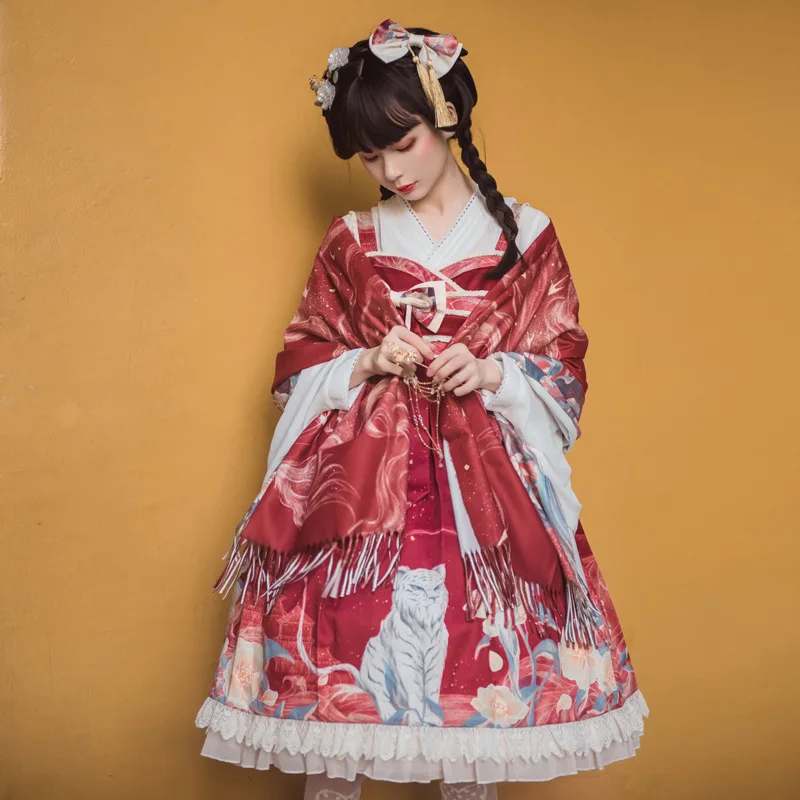 

Lolita Kawaii Dresses Princess Red Jumper Skirts Girls Miads Sweet Women Tiered Dress Japanese Chinese Cosplay Costume Dress
