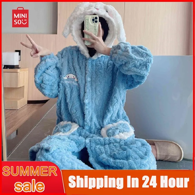 

Miniso аниме Cinnamoroll My Melody коралловый бархатный пижамный комплект для женщин Kawaii аниме мультфильм Свободная Повседневная пижама брюки комплект