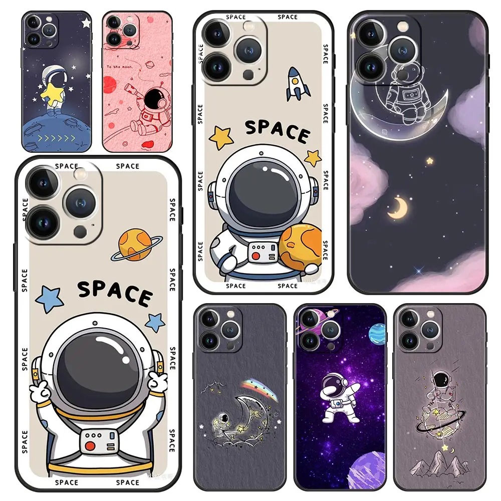 

Cute Space Astronaut Cartoon Luxury Soft Phone Case For iPhone 13 15 14 12 11 Pro MAX XR X SE XS 7 8 Plus Silicone Black Cover